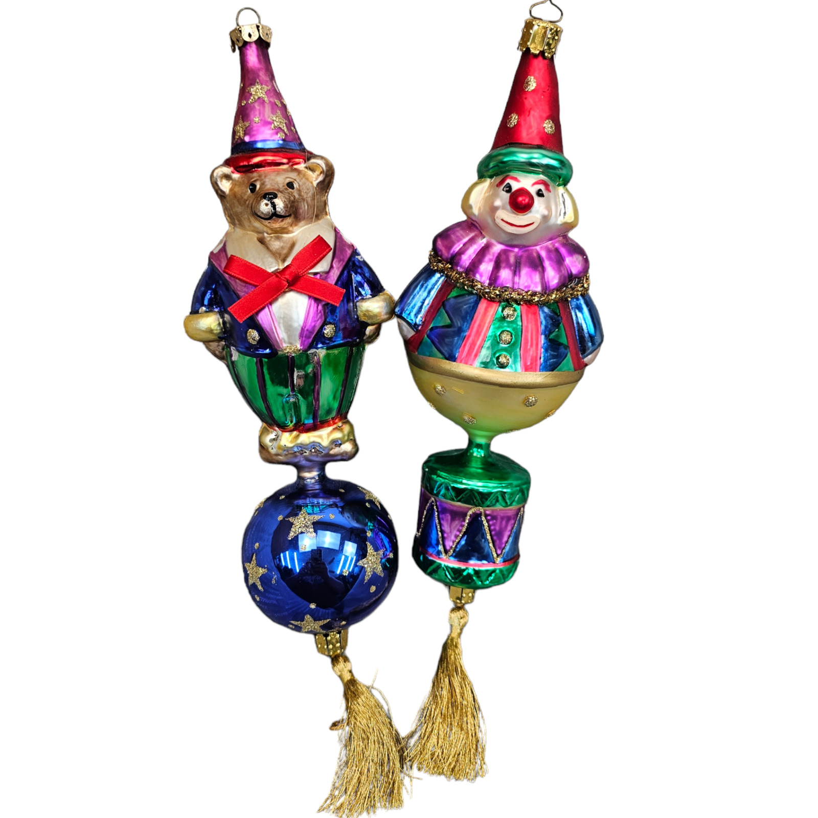 VTG Christborn Blown Glass Ornament 2 PC Circus Clown & Bear Large Set Glitter