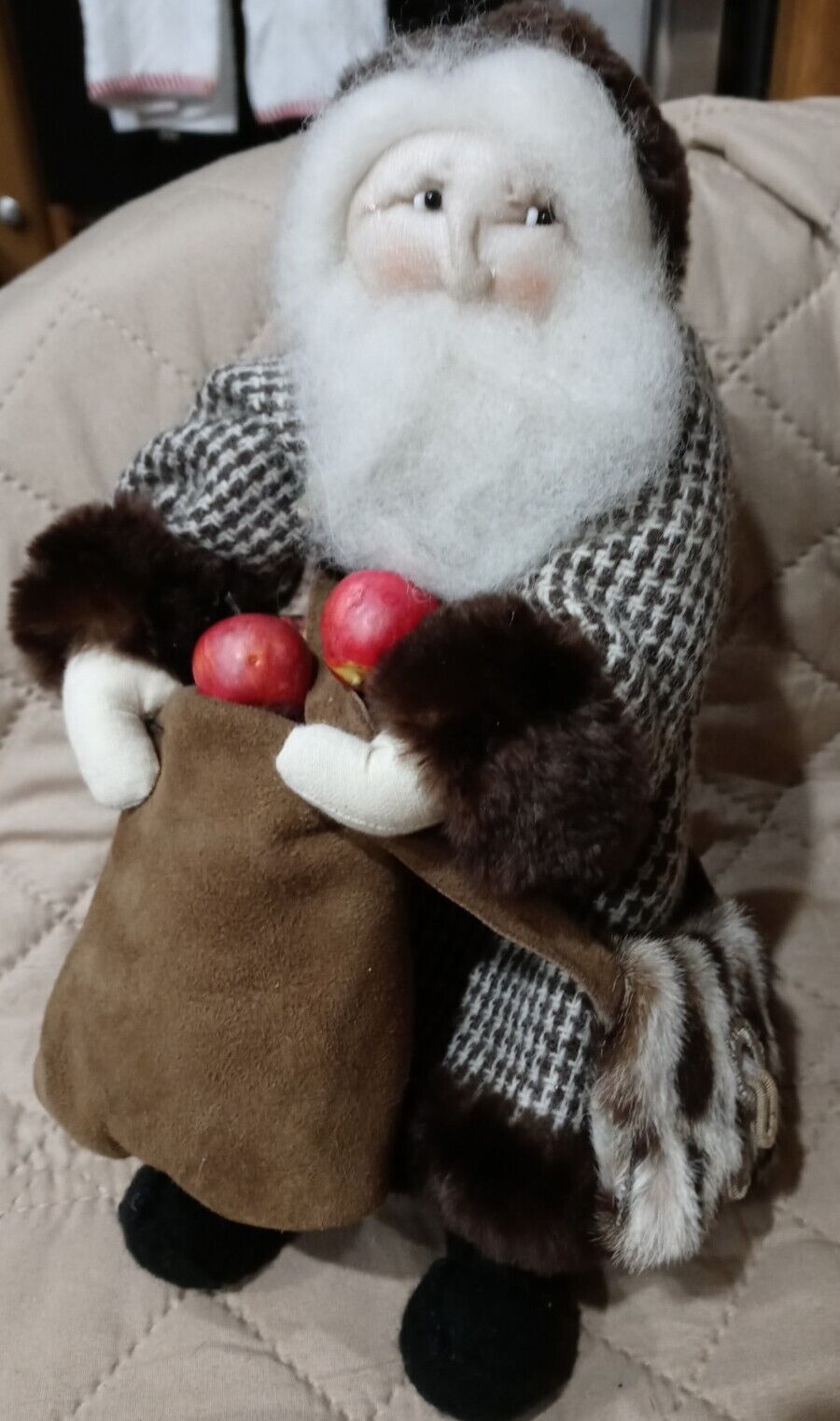 Old World Fabric Santa on Stand in Brown Check Coat With Apples & Fur Bag/Trim