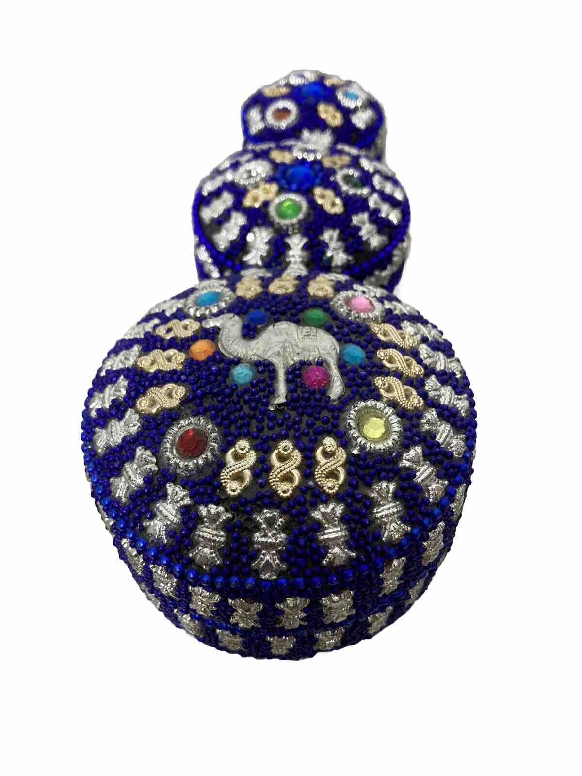 Vintage Hand Beaded Blue Trinket Boxes Camel Ring Seed beads Handmade Unique