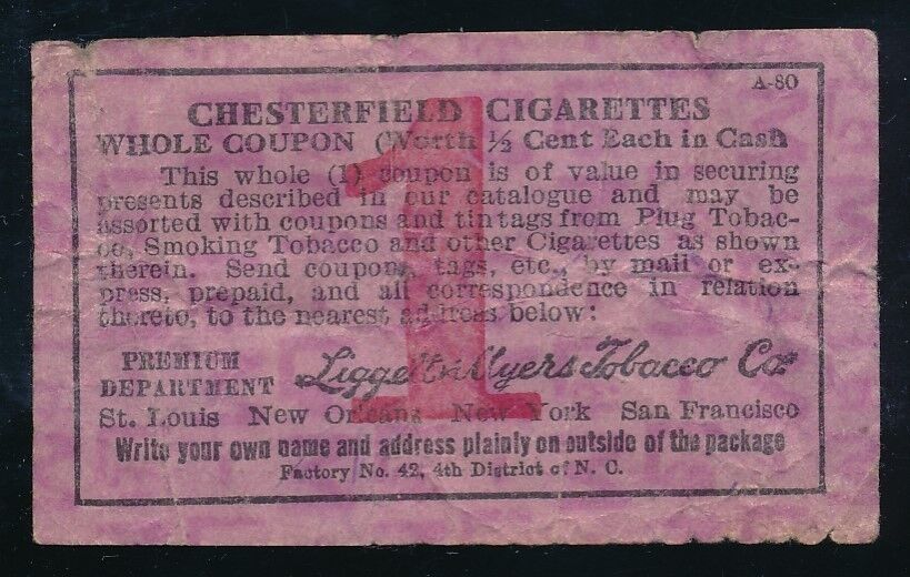1910 Chesterfield Cigarettes Coupon (Baseball as a prize offer on back)
