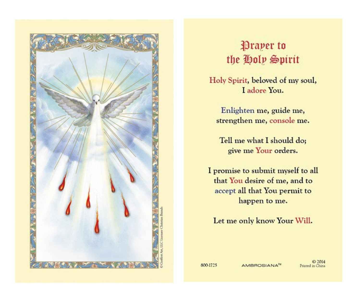 Laminated Prayer to the Holy Spirit Holy Prayer Card Catholic Confirmation Gift
