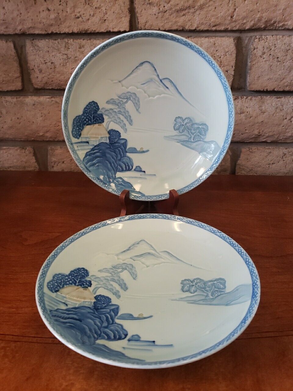Antique Japanese Turquoise Handpainted Landscape Stoneware Plate8 3/4\