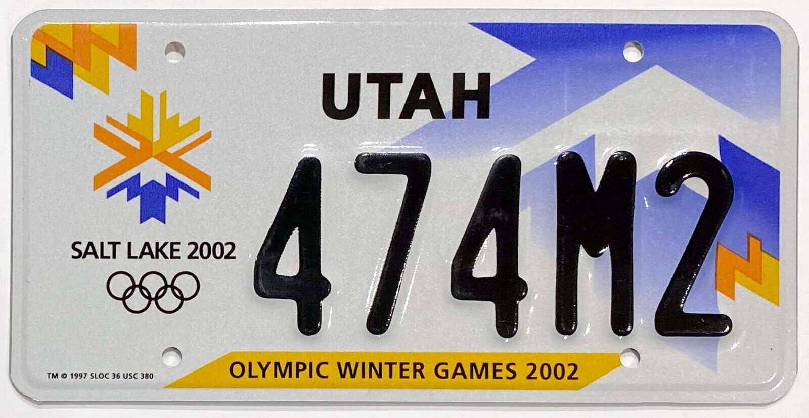 2002 United States Utah Olympic Winter Games Passenger License Plate 474M2