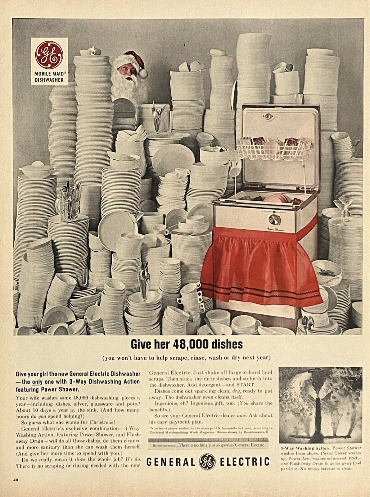 1962 Vtg Print Ad GE Dishwasher Santa Claus Christmas Retro Kitchen Wall Art