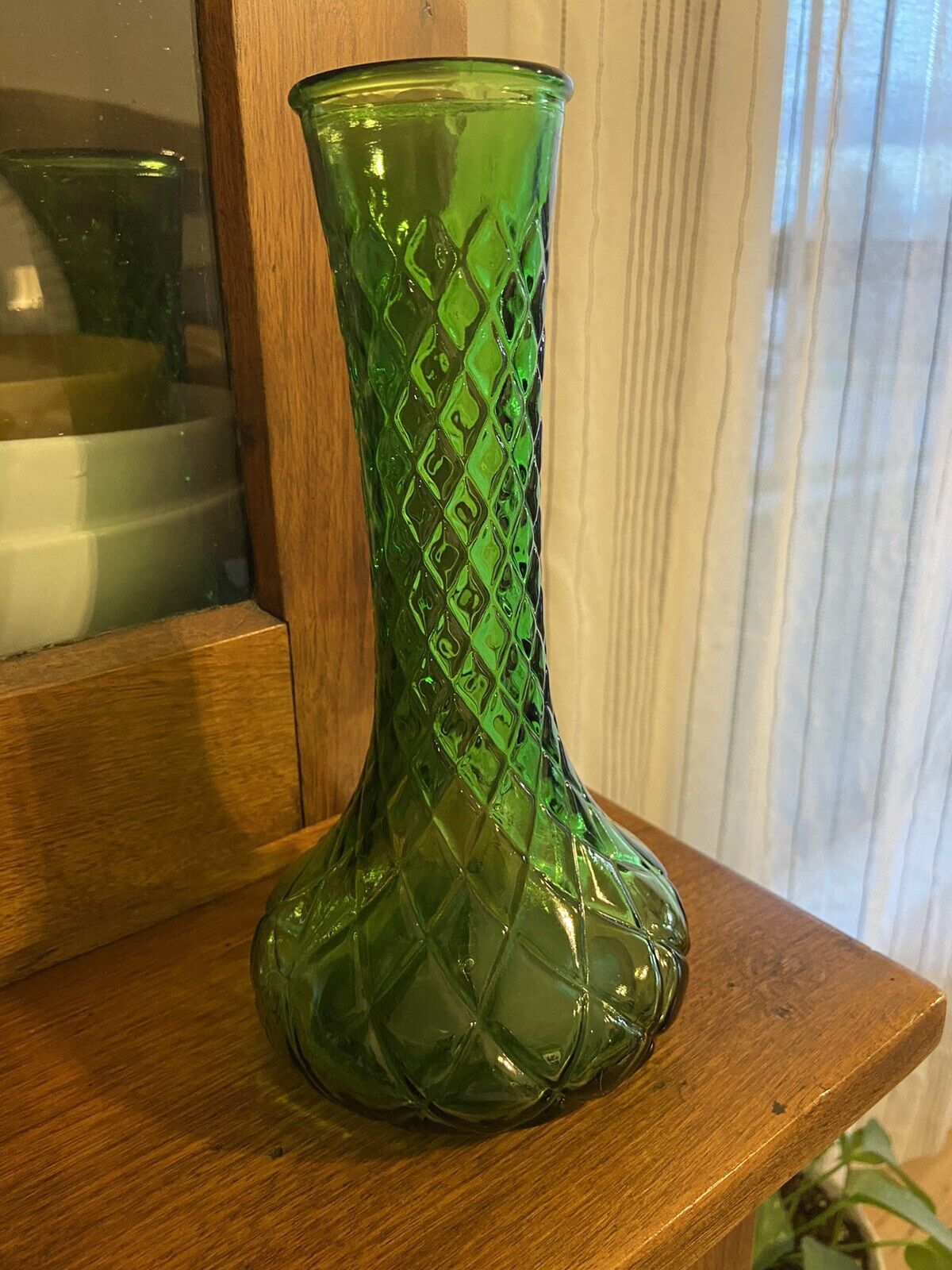 Vintage Green Hoosier Glass Bud Vase Quilted Diamond Pattern MCM 9\