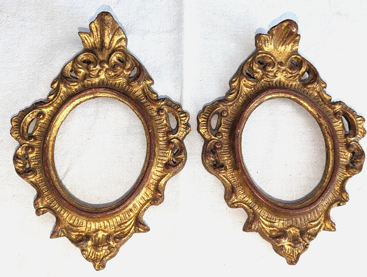 Pair Antique Italian Carved Wood Gold Gilt Rococo Florentine Frame Miniature 8”