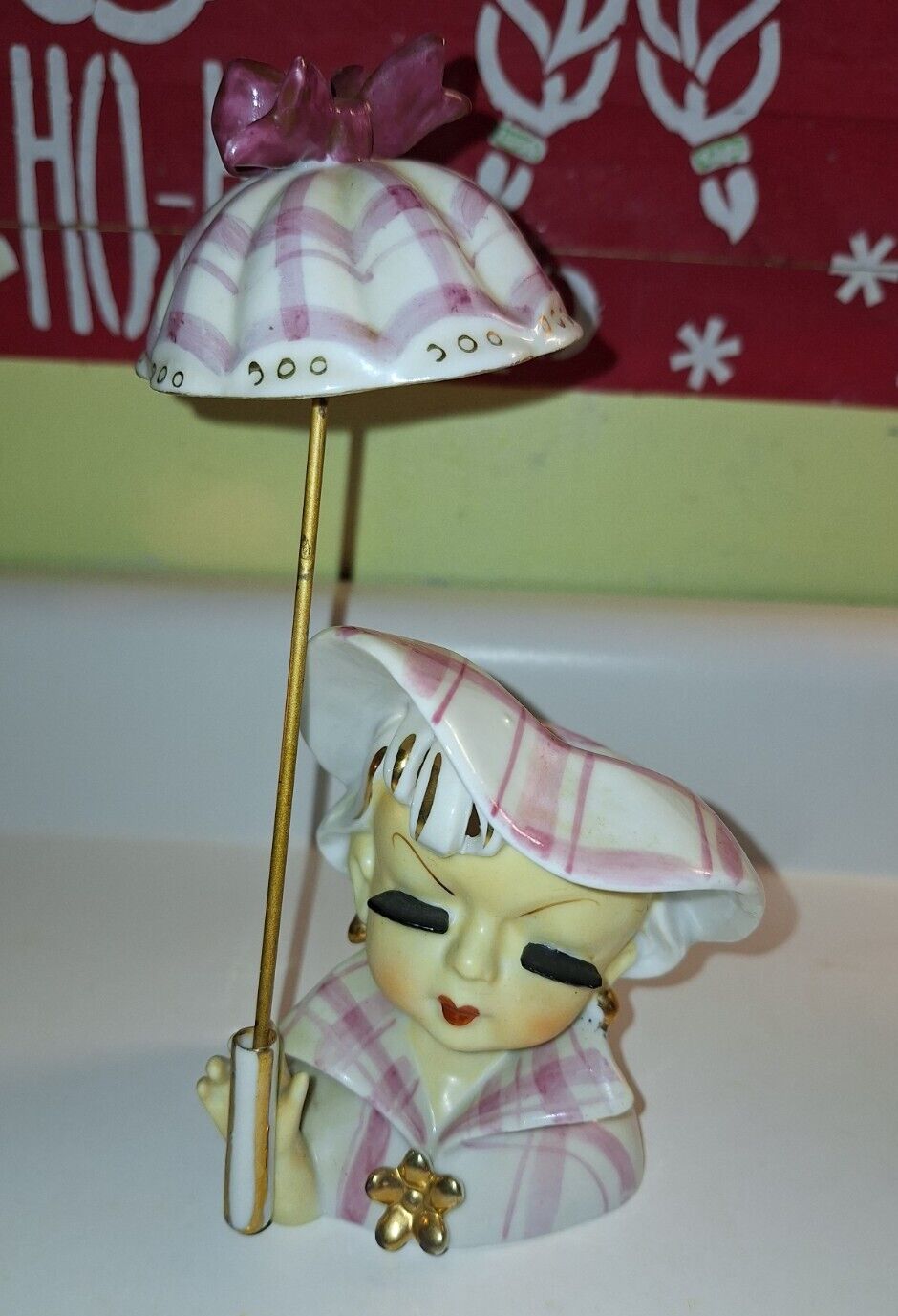 RARE Vintage Napco Japan Parasol Umbrella Pink  Girl Planter Figurine Excellent 