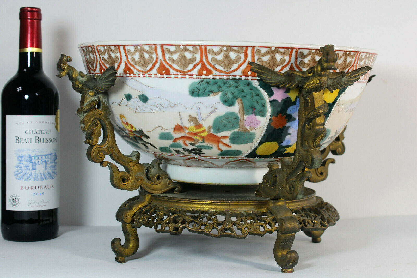 XL Antique japanese porcelain warrior bronze Dragon frame centerpiece bowl 