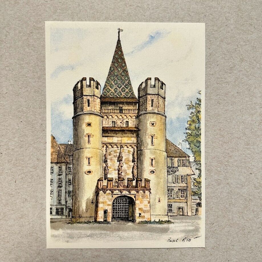 Vintage Spalentor Gate Basel 1970 Watercolor Postcard Switzerland