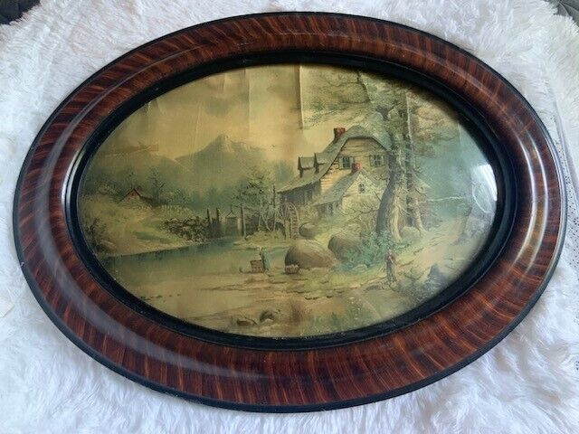 ANTIQUE VICTORIAN TIGER WOOD FRAME WITH CONVEX GLASS HOUSE & LAKE LANDSCAPE