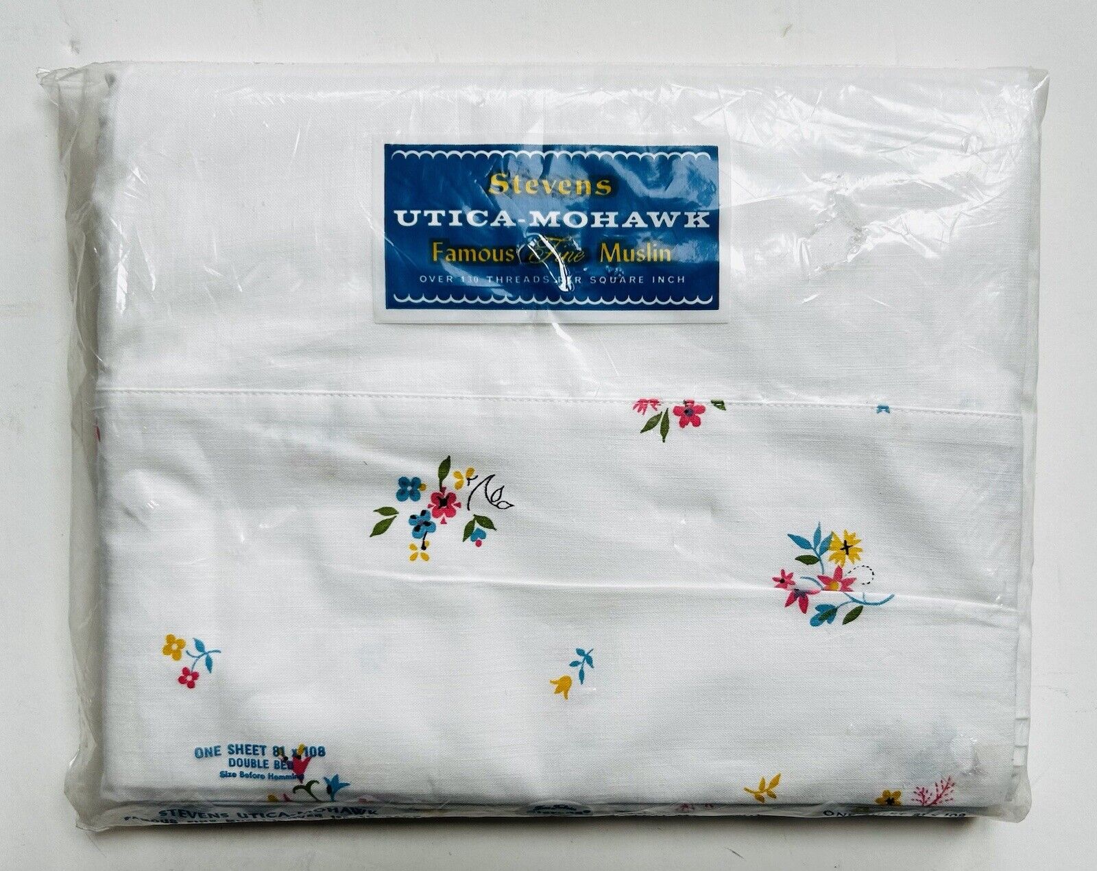 Vintage Stevens Utica-Mohawk Cream/Pink/Blue Floral Double Muslin Flat Sheet~NIP
