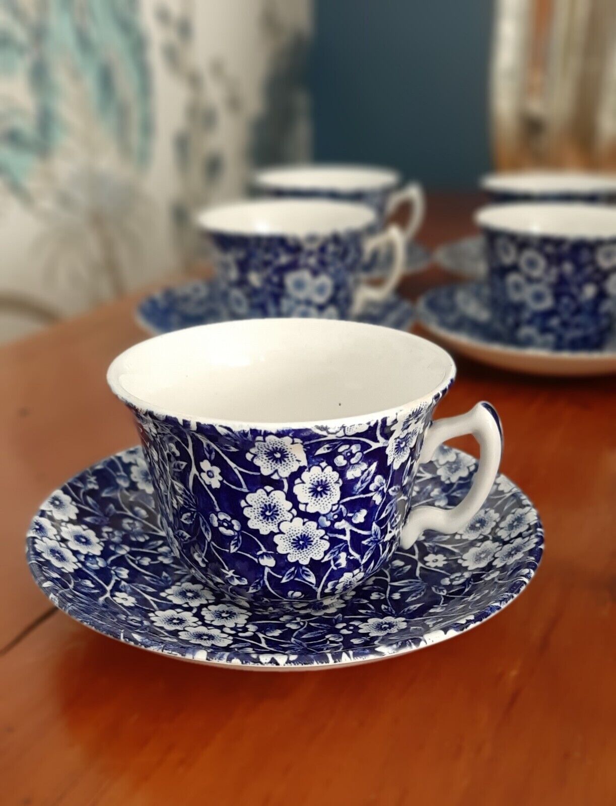Vintage Burleigh Staffordshire England Blue Calico Cup & Saucer - 3 Available