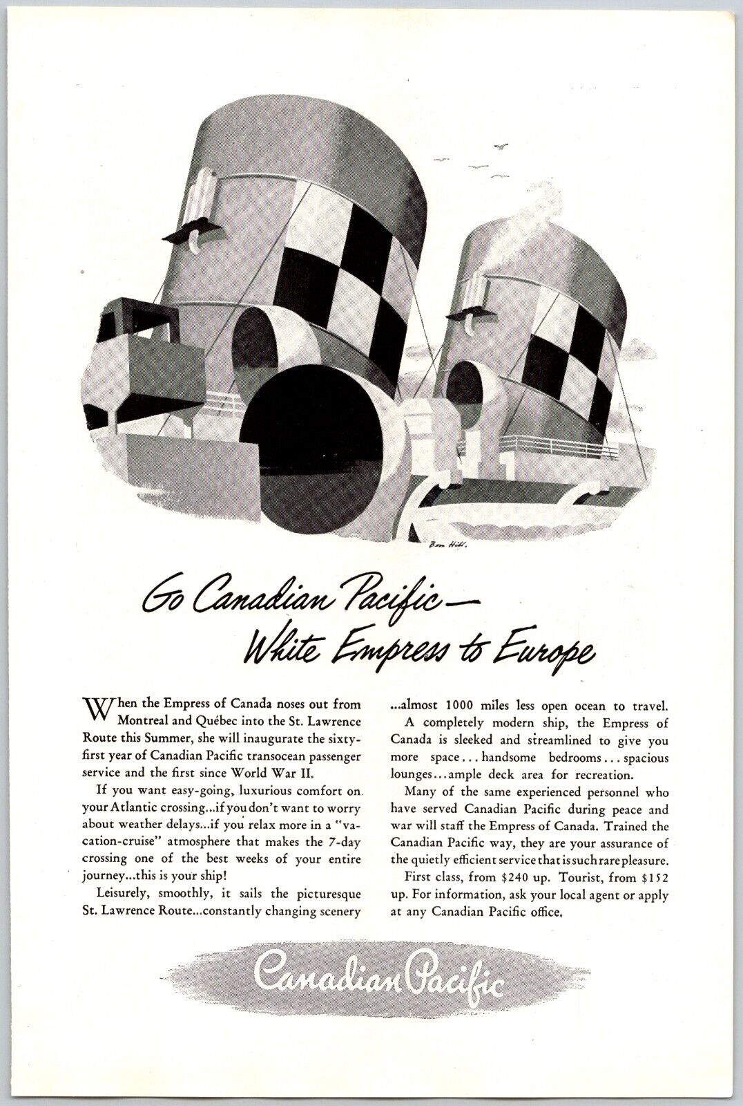 PRINT AD 1947 Canadian Pacific White Empress of Canada to Europe 6.75 x 10
