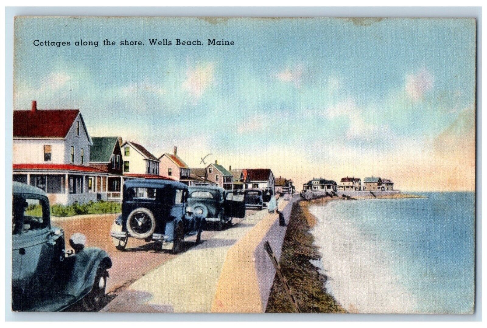 Well Beach Maine ME Postcard Cottages Along The Shore Cars 1941 Posted Vintage