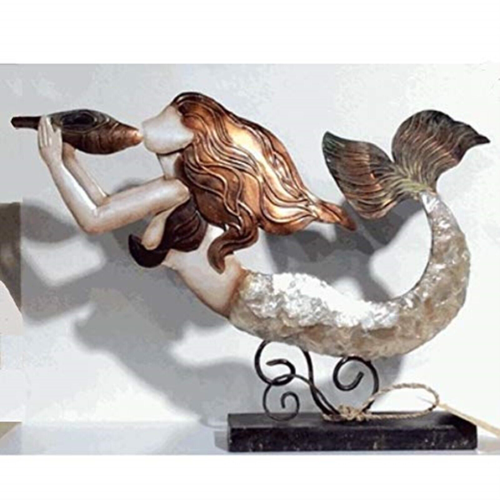 Elegant Mermaid Capiz and Metal Statue Figurine 10.5 x 7.75 Inches