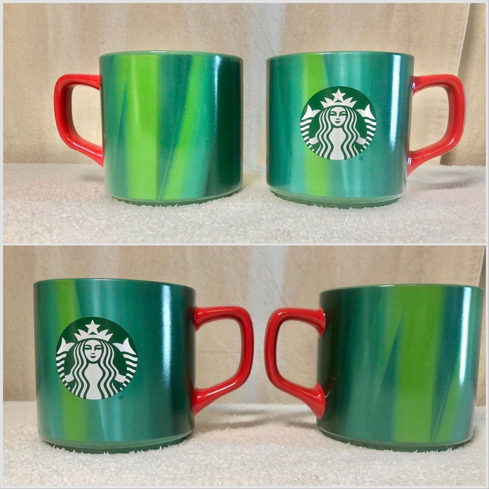 2- STARBUCKS ~2022 Ombré Green/Blue Red Handle  ~11 OZ. Coffee Mug ~Hard To Find