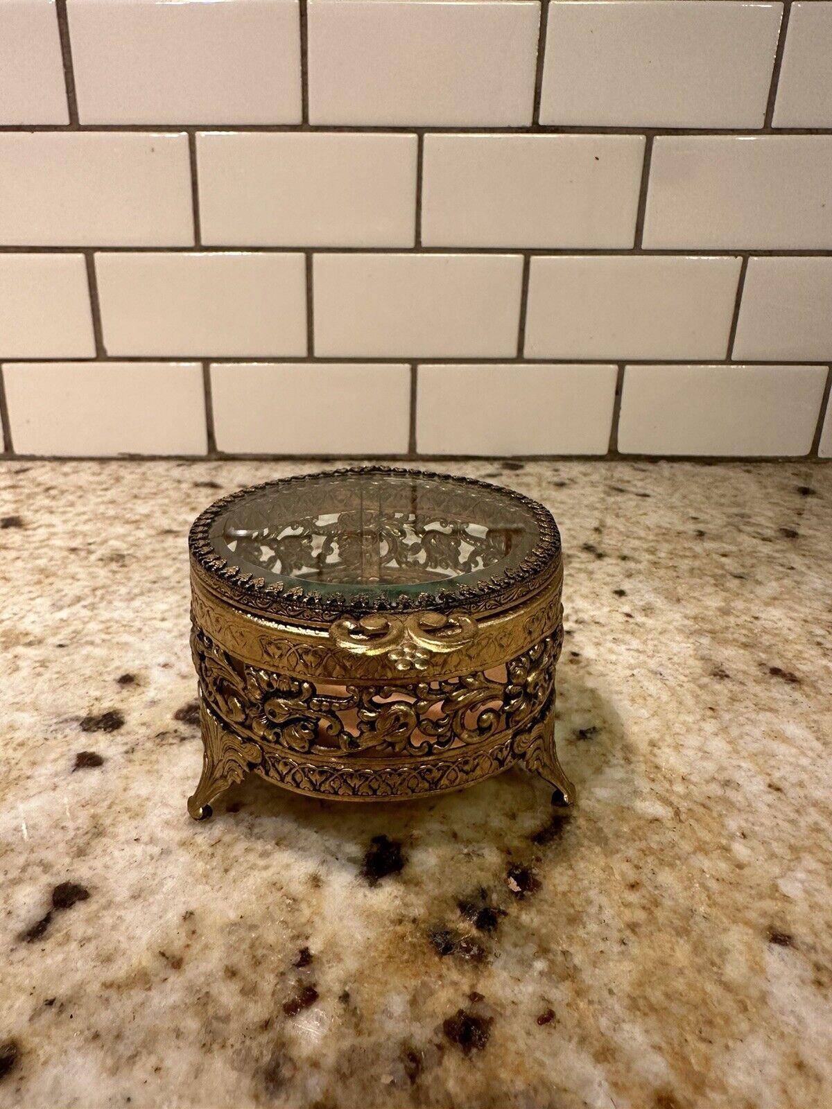 Vintage Gold Filigree Metal Ormolu Trinket Jewelry Box Casket Beveled Glass