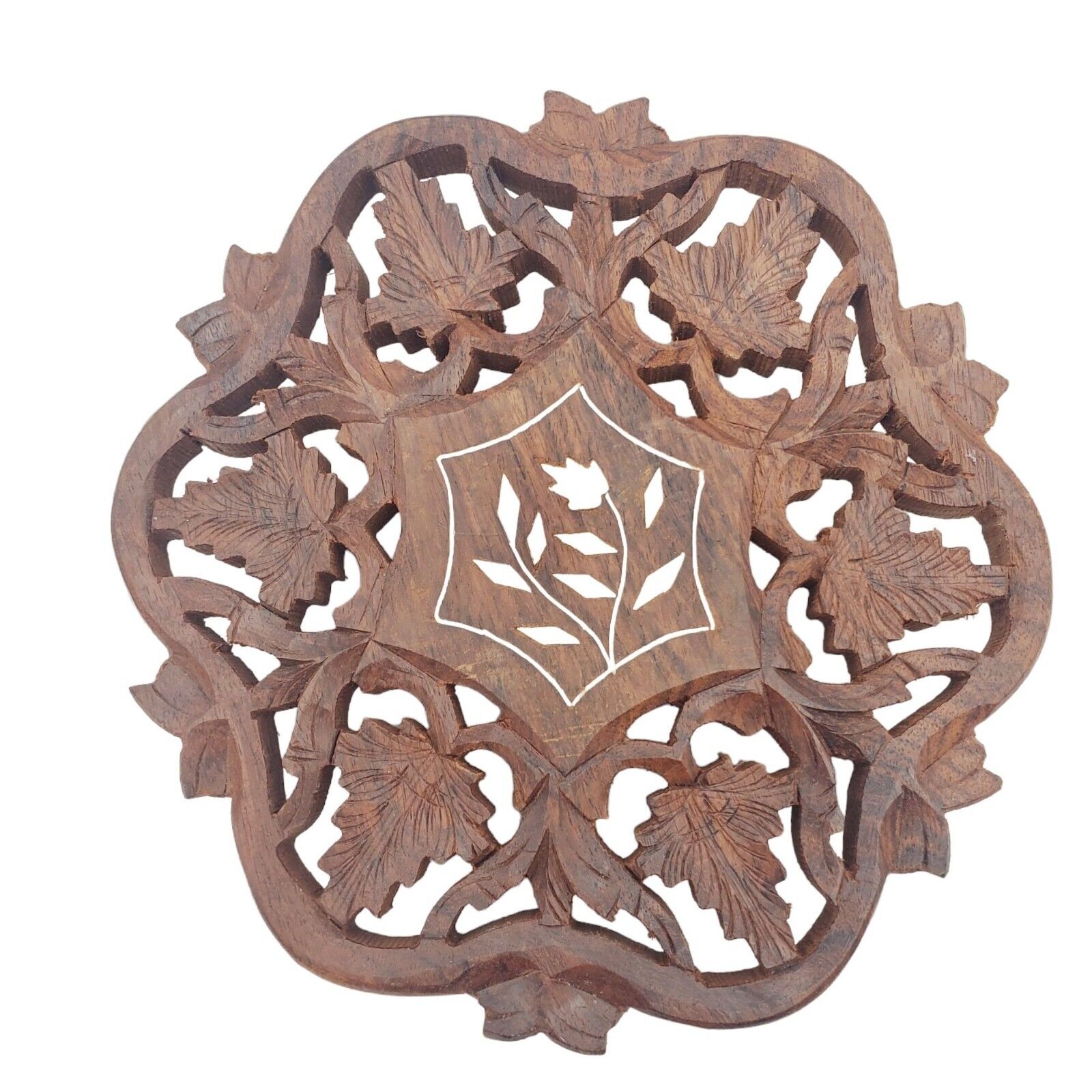 Vintage Carved Wooden Trivet 70s Plant Stand Floral Inlay India Handmade Leaves