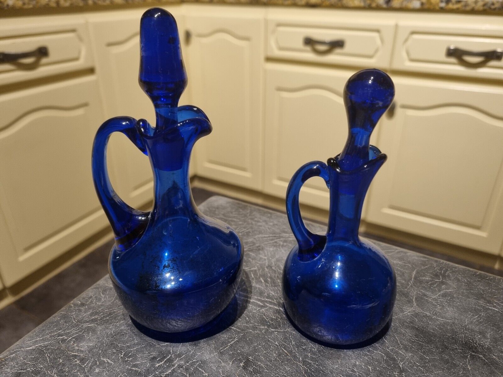2 Old Antique Blue Cobalt Glass Oil or Vinegar Bottles