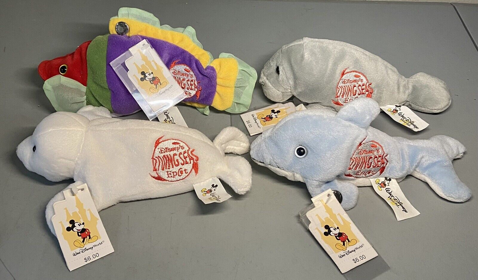 Set-4 Disney World Epcot Living Seas ￼Plush Manatee ￼Dolphin White Seal Fish New