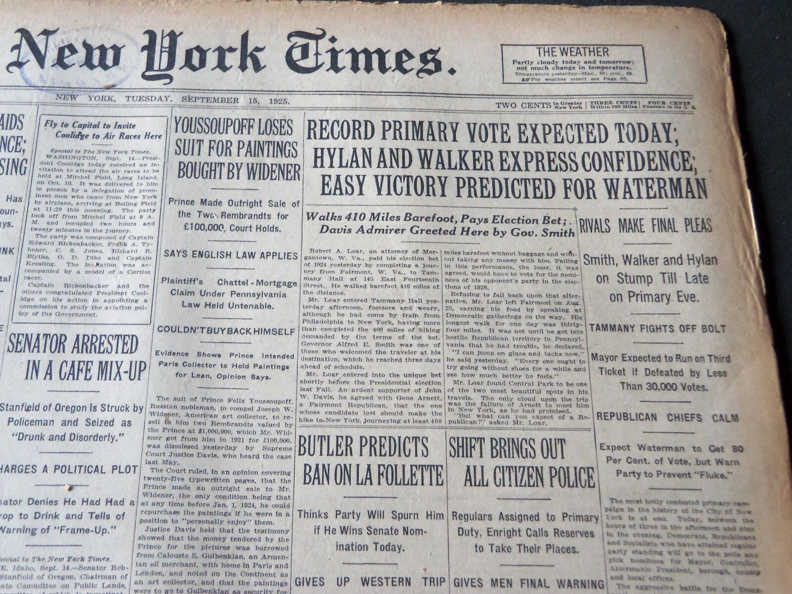 1925 SEPTEMBER 15 NEW YORK TIMES - RECORD PRIMARY VOTE EXPECTED TODAY - NT 7182