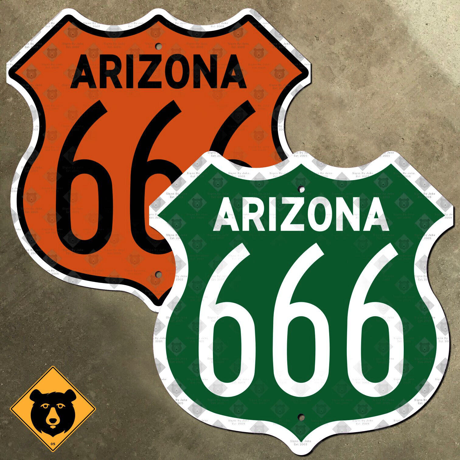 Arizona US route 666 devil's highway marker road sign orange green 1960 16x16
