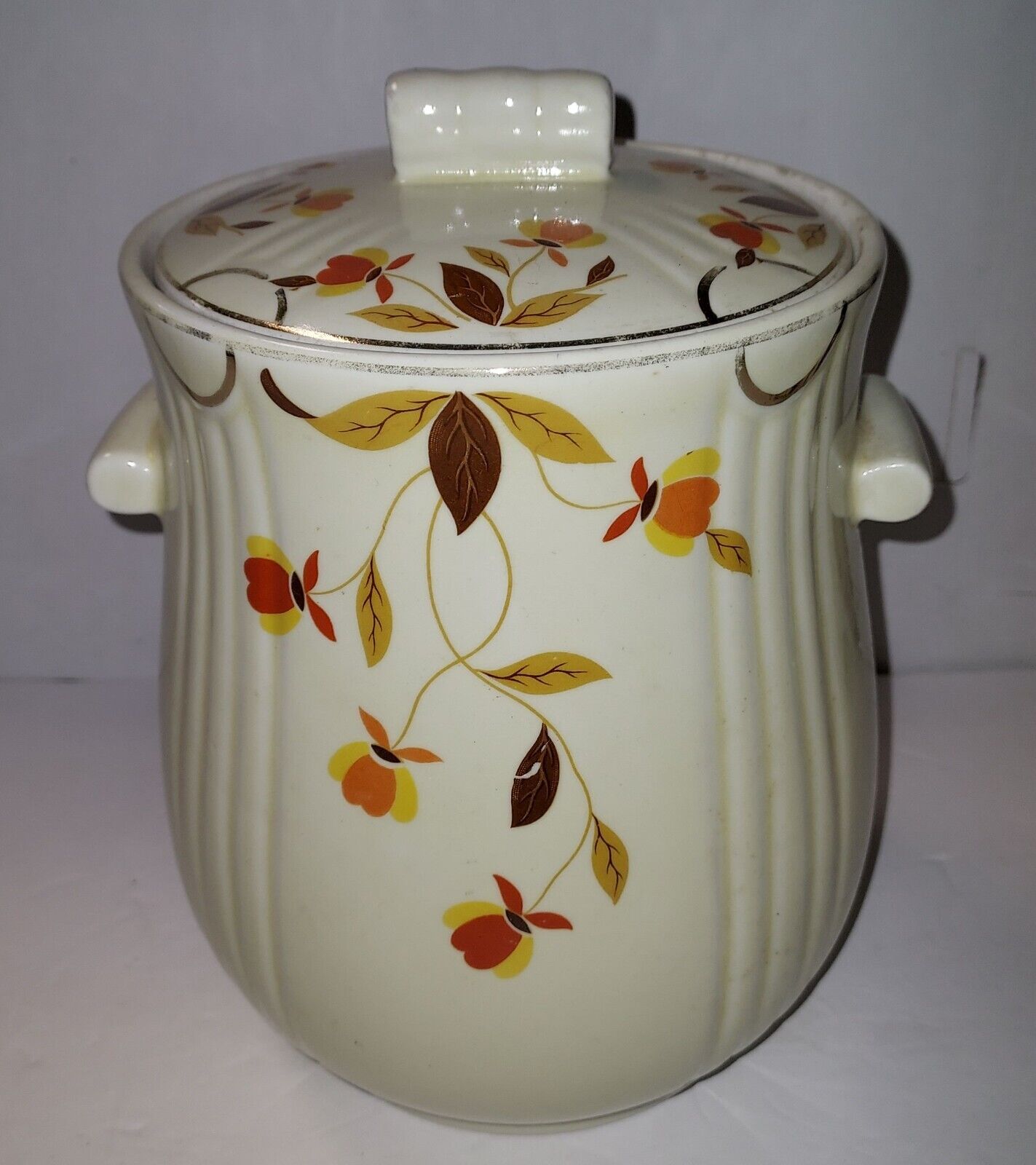 Hall\'s Superior China Jewel Tea Autumn Leaf Rayed Cookie Jar Lid Canister VTG