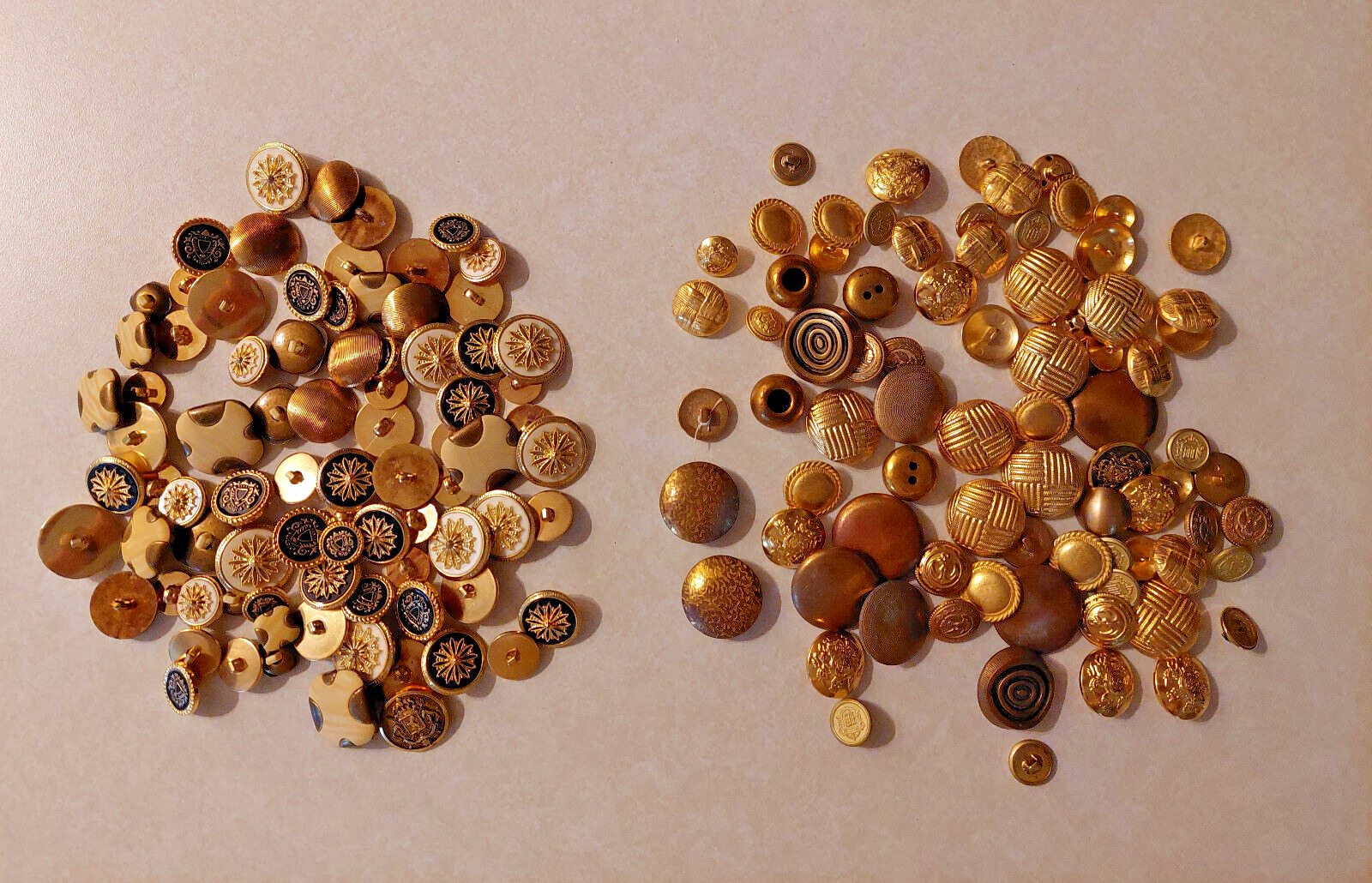 Lot of Gold-colored Vintage Buttons, metal & plastic