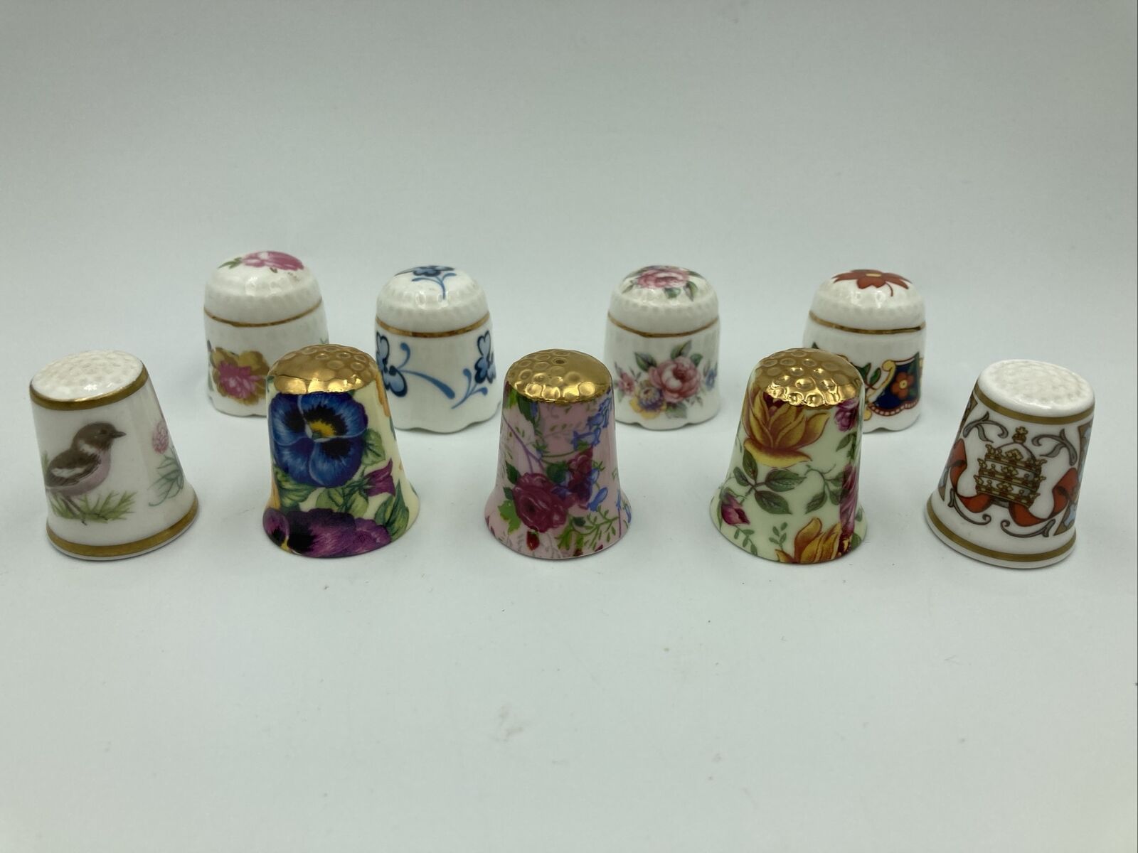 Lot of 9 x Thimbles - Bone China - Flowers, Royal Worcester, English Collectable