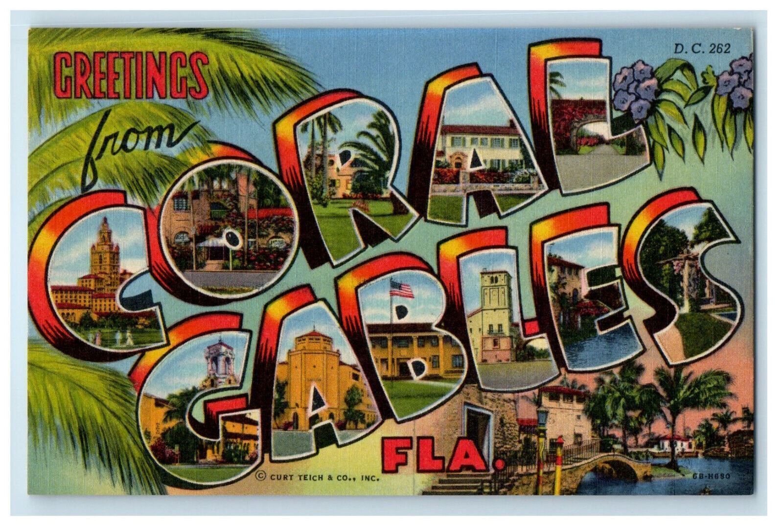 c1950s Big Letters, Greetings from Coral Gables Florida FL Vintage Postcard