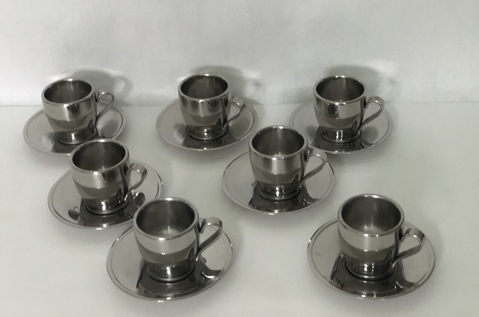 7 Meber 18/10 Stainless Double Wall Espresso Coffee Cup & Saucer Italy Vintage