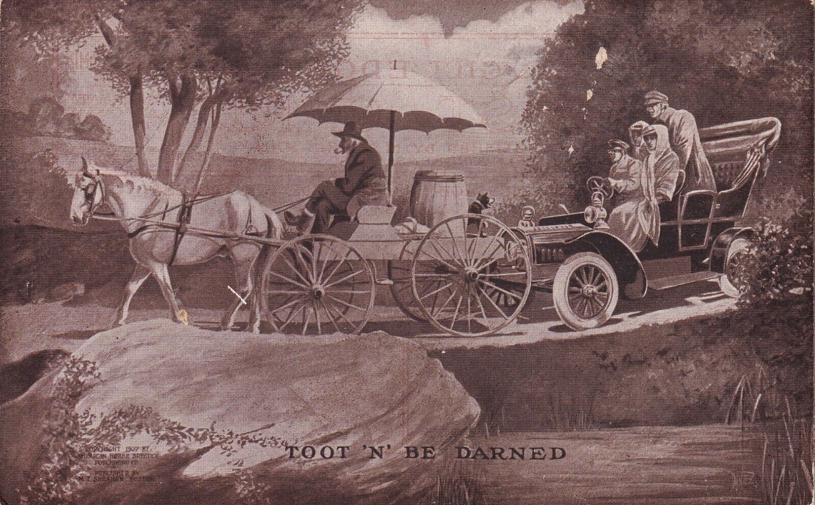 Vintage Toot N Be Darned Auto Car Behind Horse and Carriage Postcard Early 1900s