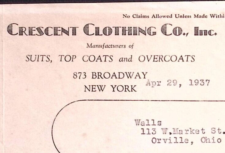 1937 CRESCENT CLOTHING CO NY WALLS ORVILLE OHIO BILLHEAD STATEMENT Z414