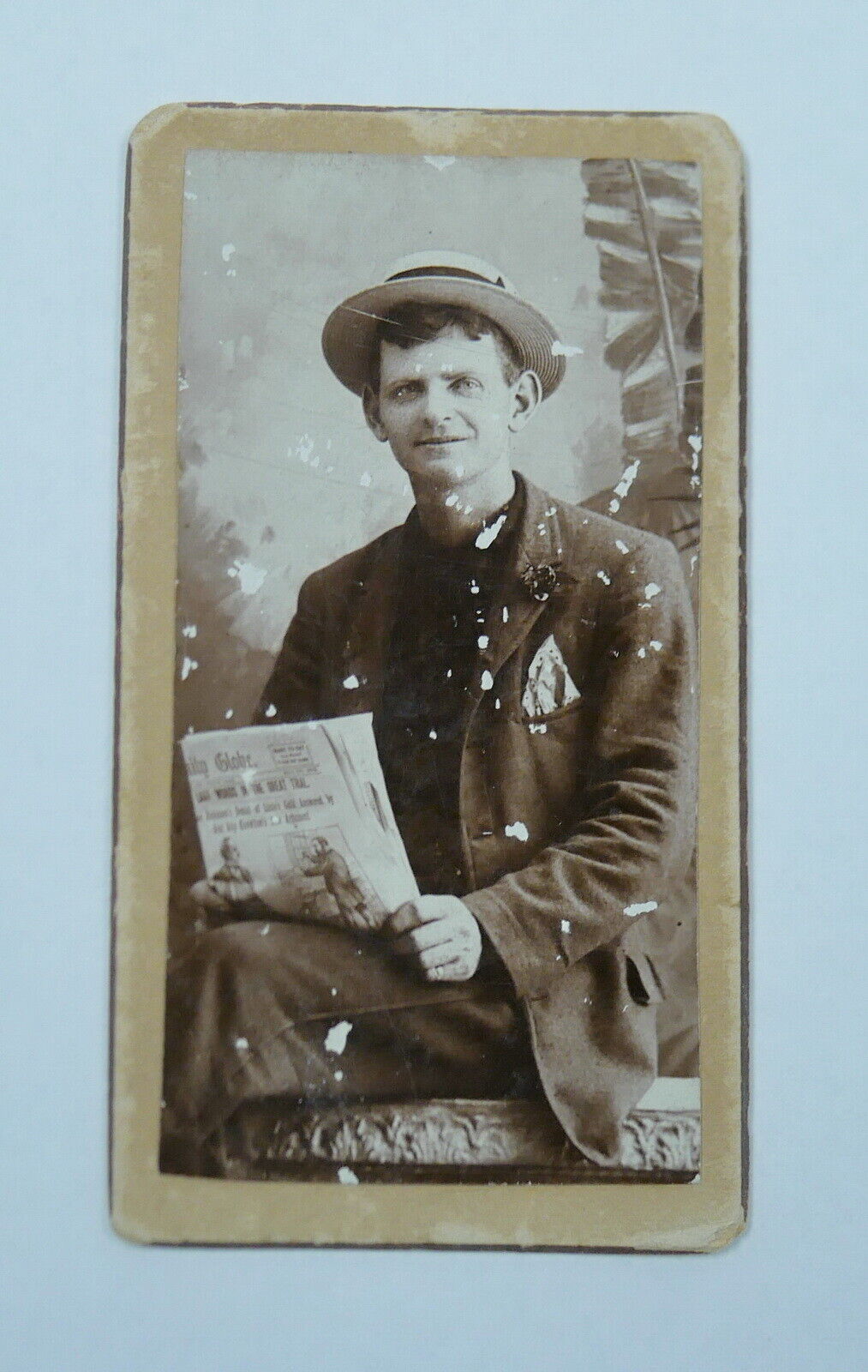 Antique Cabinet Card Man Holding Lizzie Borden Daily Globe ~ 
