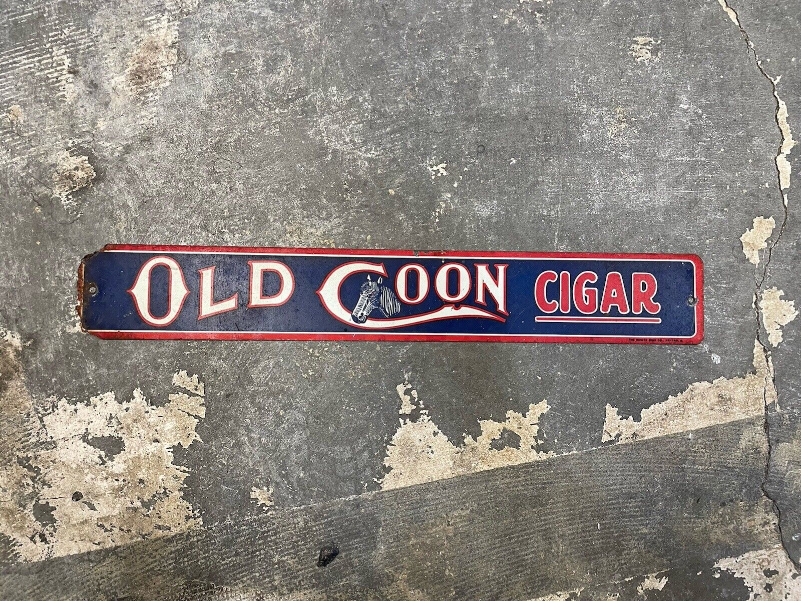 VINTAGE 50s OLD COON CIGAR STAMPED PAINTED METAL SIGN GENERAL STORE RARE SMOKE