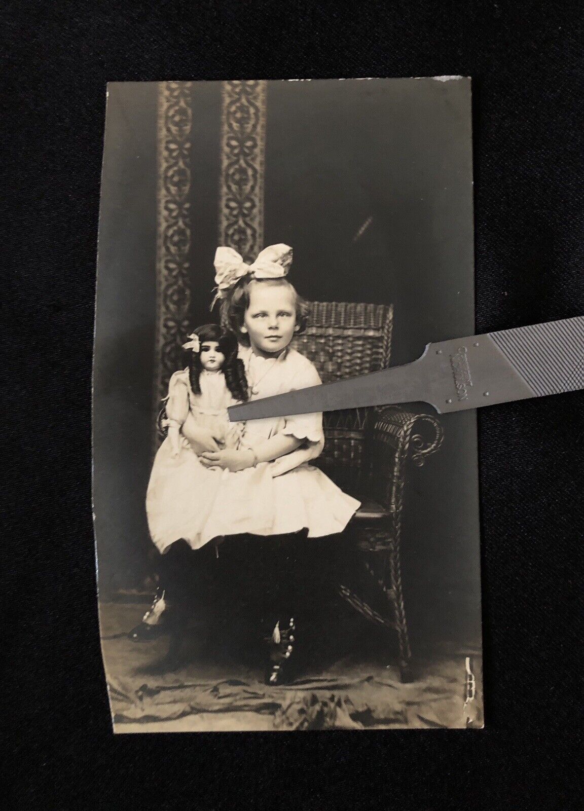Antique 1913 Young Girl & Large Bisque Doll with Ringlets Real Photo Postcard