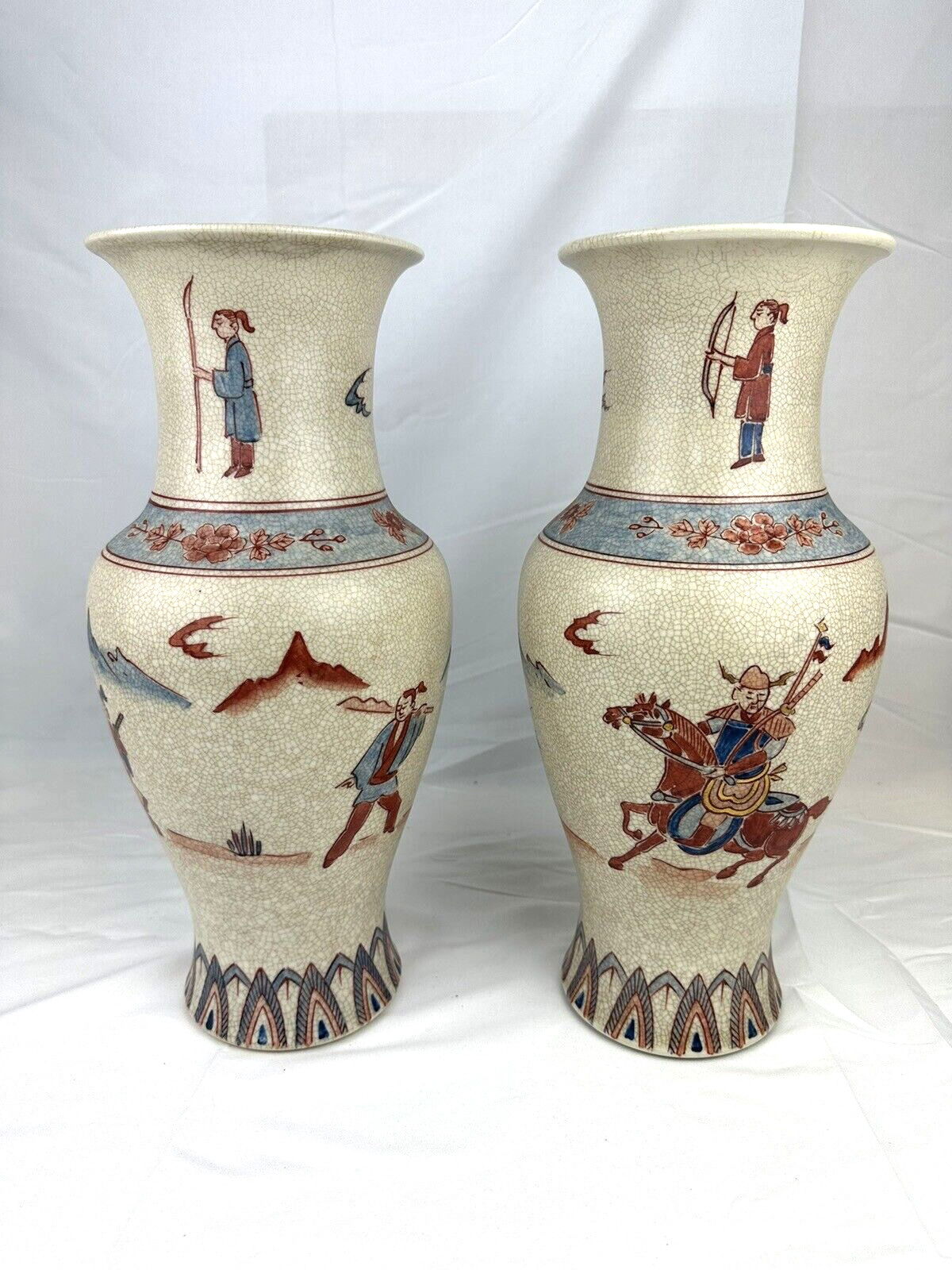 A Pair of Vtg Asian Decorative Vases Riding Warriors Crackled Glaze Home Decor