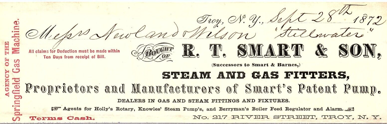 1872 TROY NY R.T. SMART & SON STEAM AND GAS FITTERS BILLHEAD INVOICE Z1565