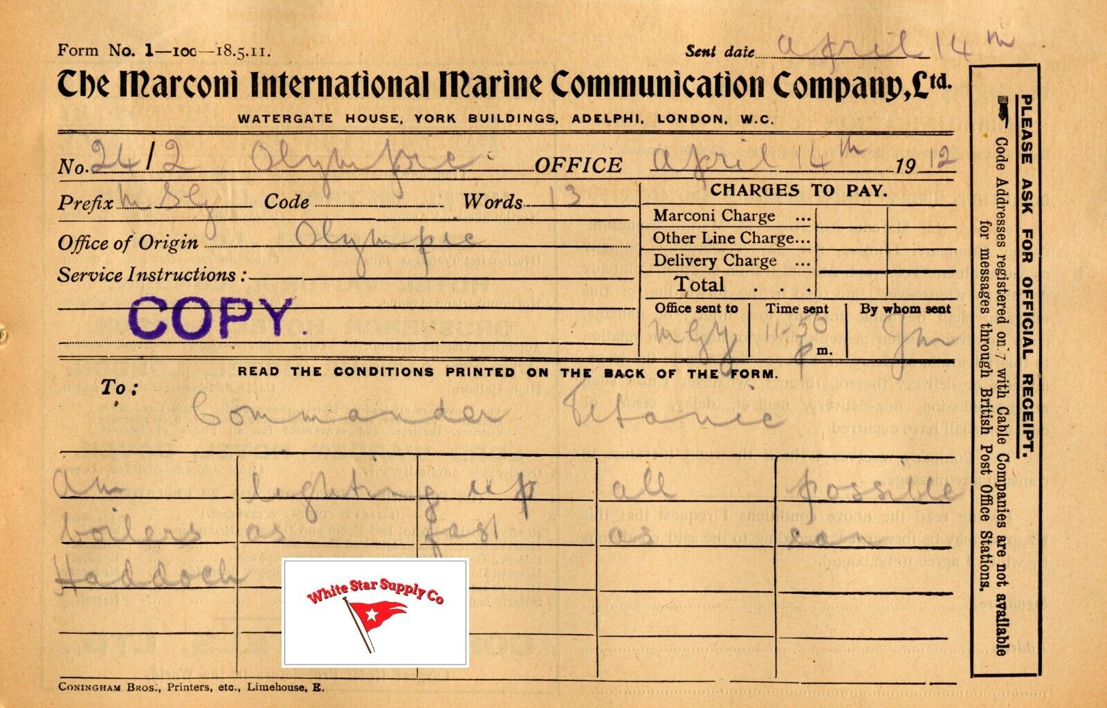 RMS Olympic wire message from Haddock-Smith, April 14, 1912 \