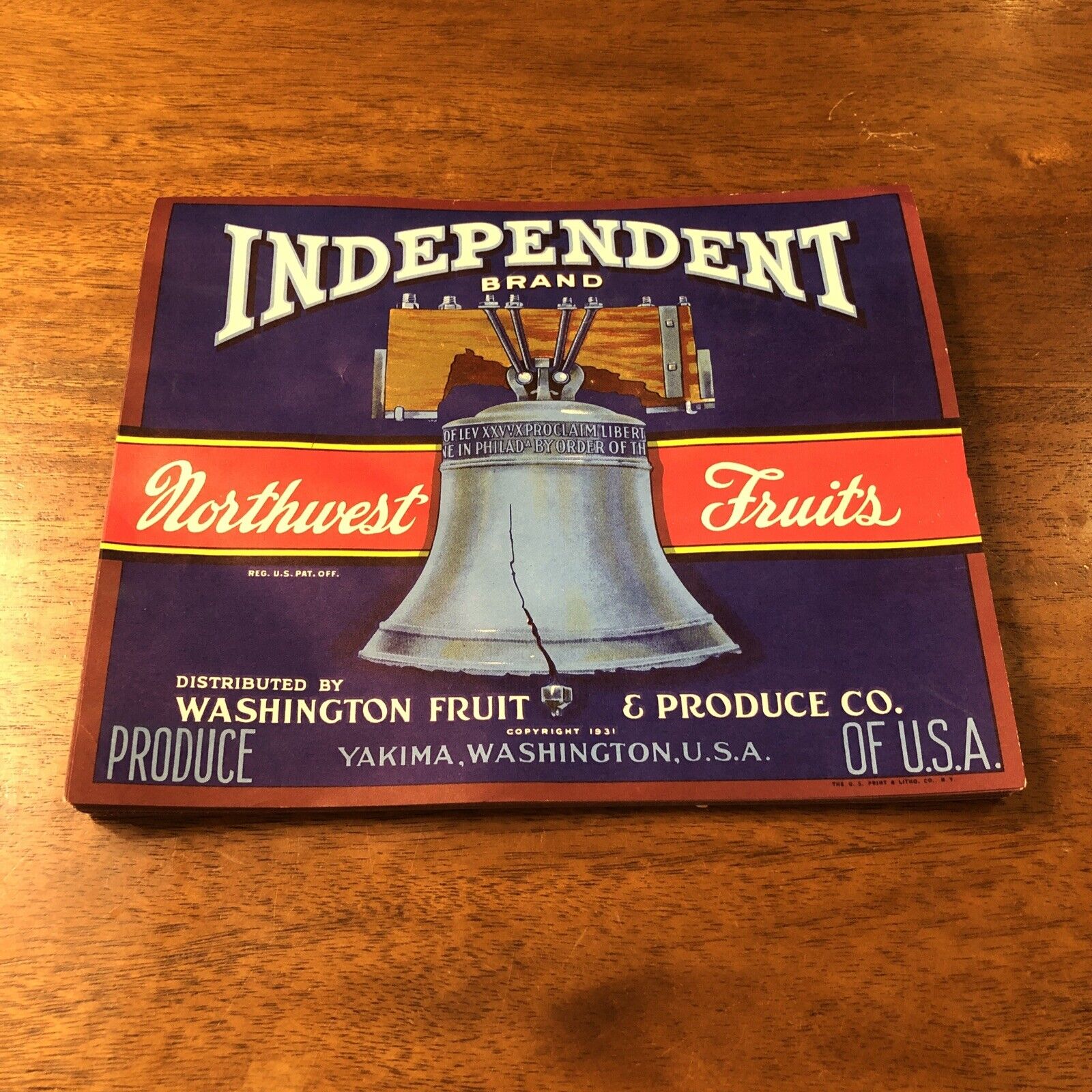 58 Vintage INDEPENDENT Crate Label Yakima Washington - Liberty Bell - NOS Litho