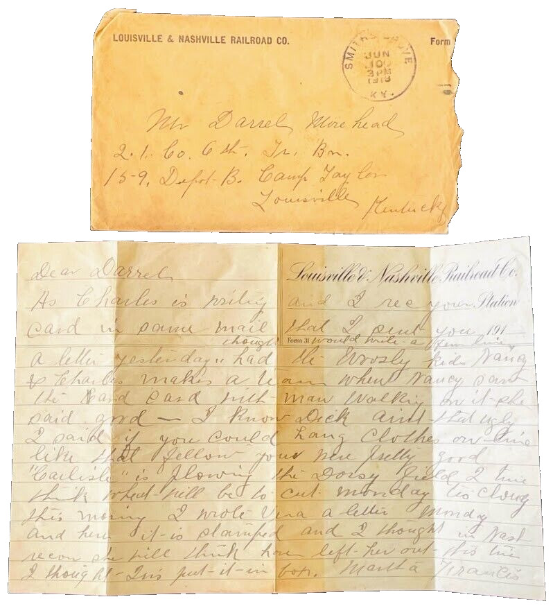 1918 WW1 Soldier Letter on L&N Stationary & Envelope Camp Zachary Taylor KY