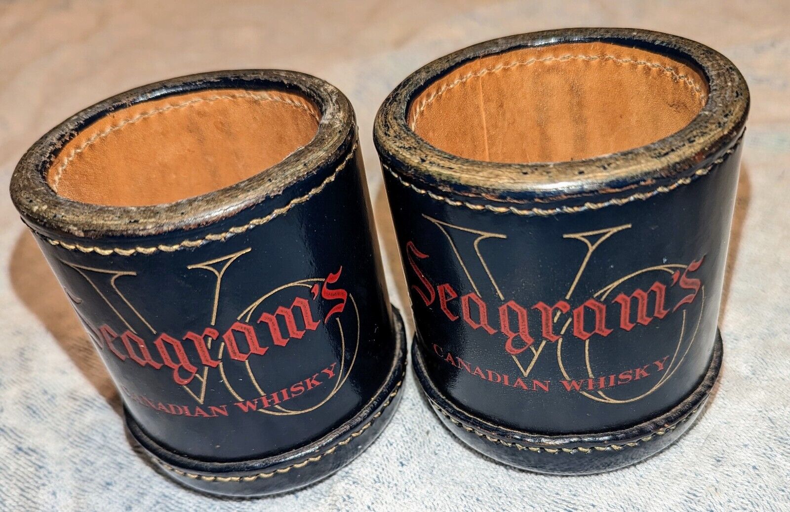 2 Vtg Seagram's VO Canadian Whiskey Leather Dice Cups Stitched Made in Hong Kong