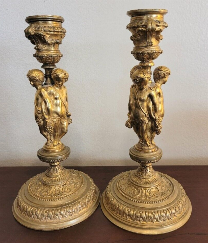 Antique Candlesticks Putti Pair Bronze Vase Decor Art Vine Grapes Rare Old 19th