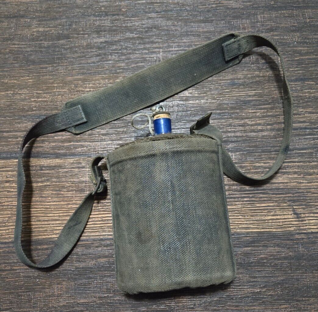 Military Cobalt Blue Enamel Jug Bottle Canteen Decanter Flask Wool Canvas Holder