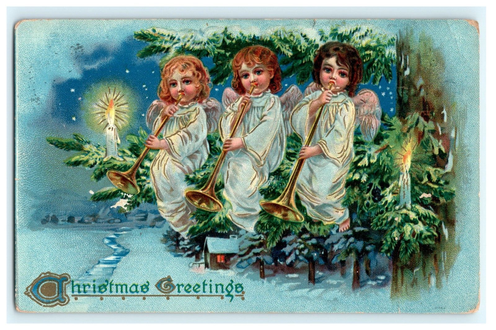 1908 Rapheal Tuck Christmas Snow Winter Angels Trumpets Embossed Candles