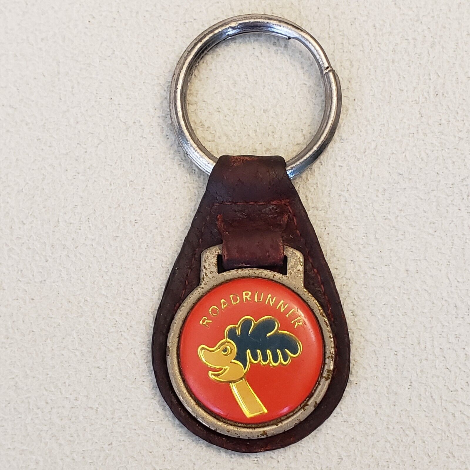 Vintage Plymouth Roadrunner Keychain Key Ring FOB Leather
