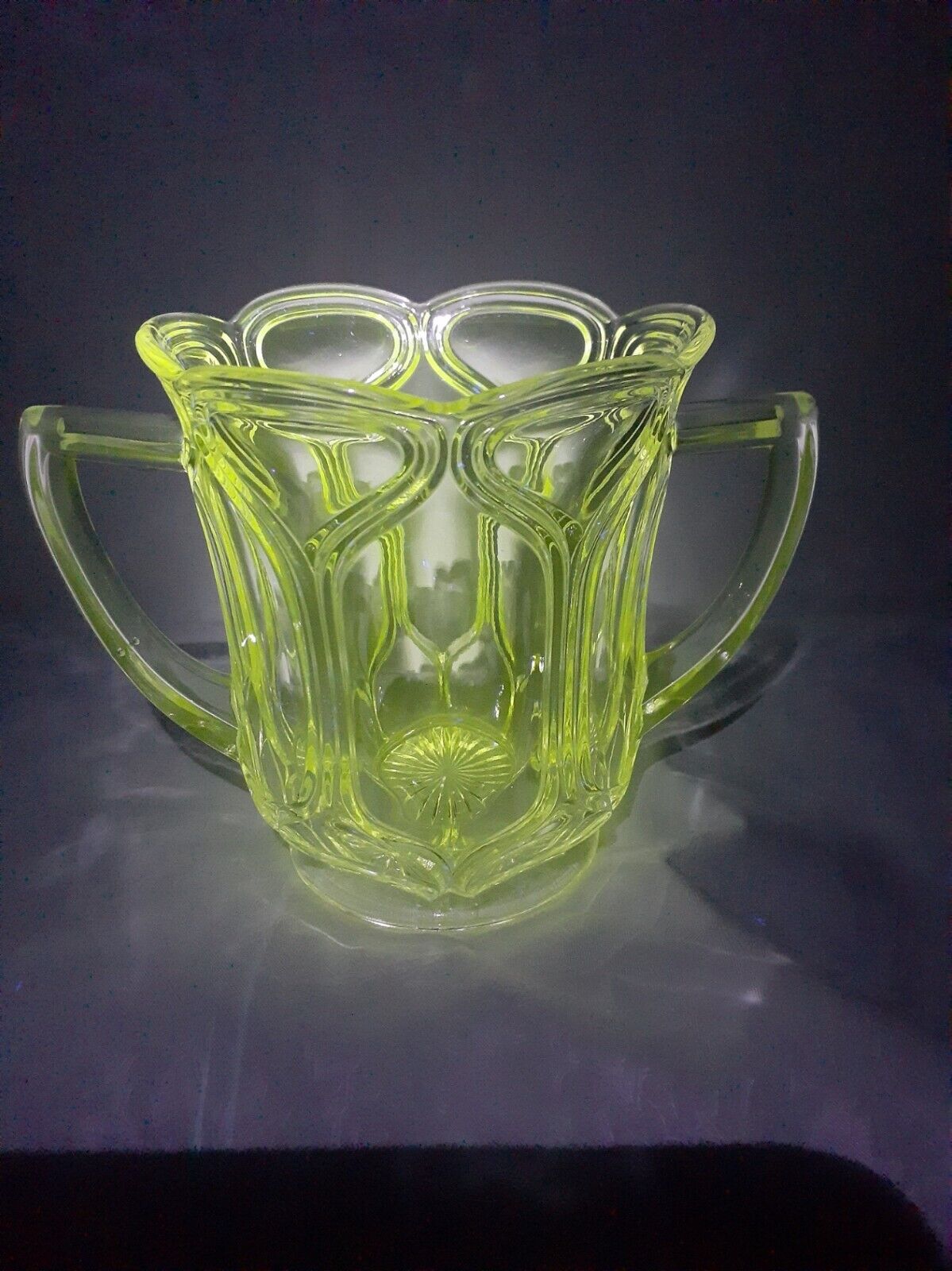 Antique Crystal Double Handled Uranium Glass Vase/Glass 4 in. tall 5 1/4 in wide