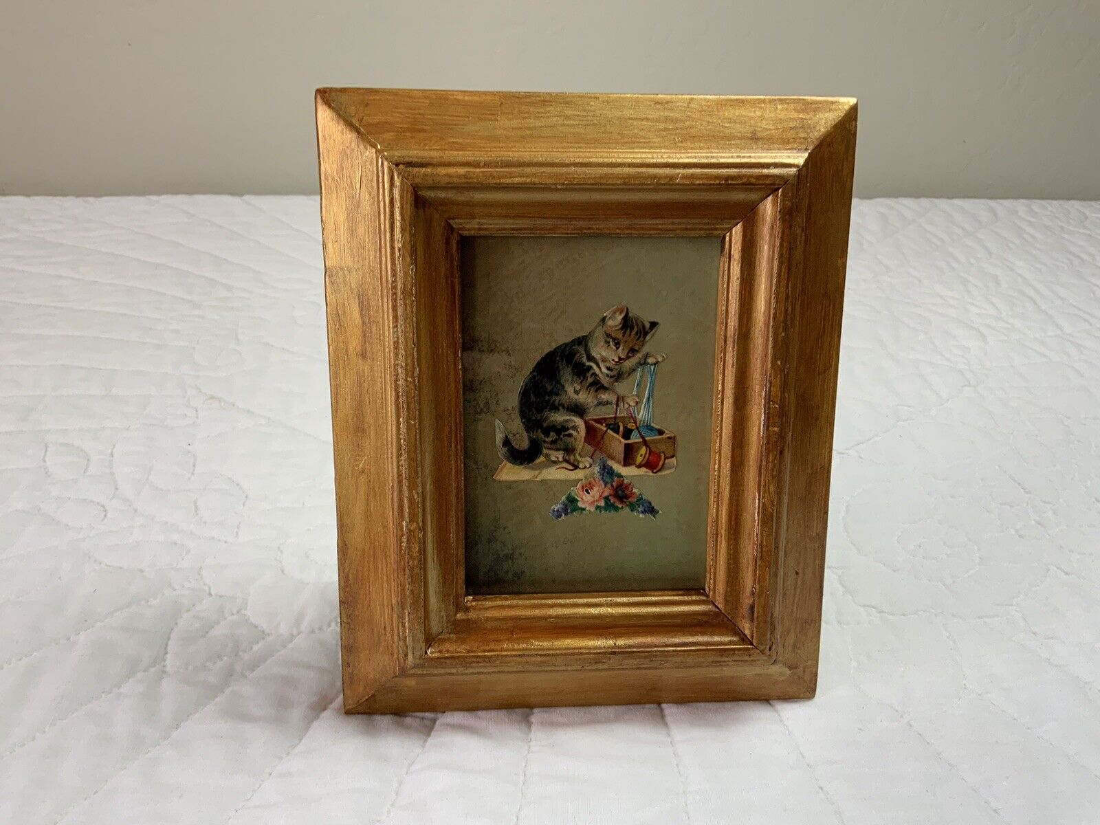 Vintage Antique Victorian Ephemera Die Cut Framed, Kitty Cat With Thread Box
