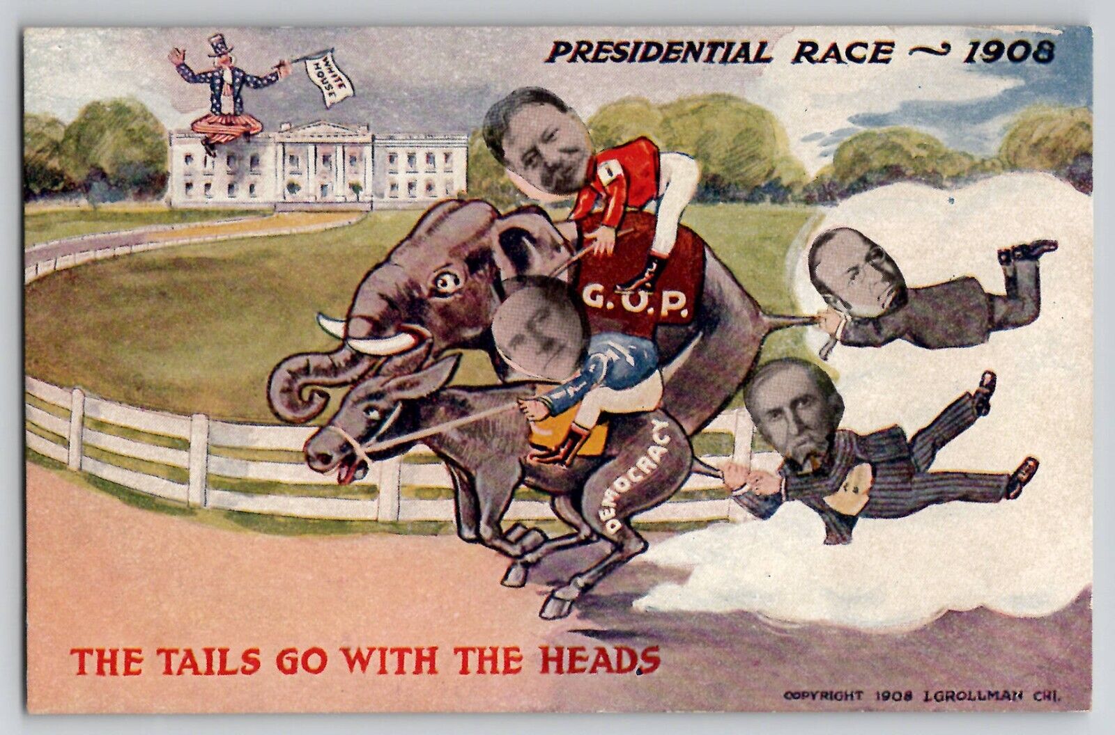 1908 Presidential Campaign Bryan Taft Donkey Elephant Postcard Grollman RARE
