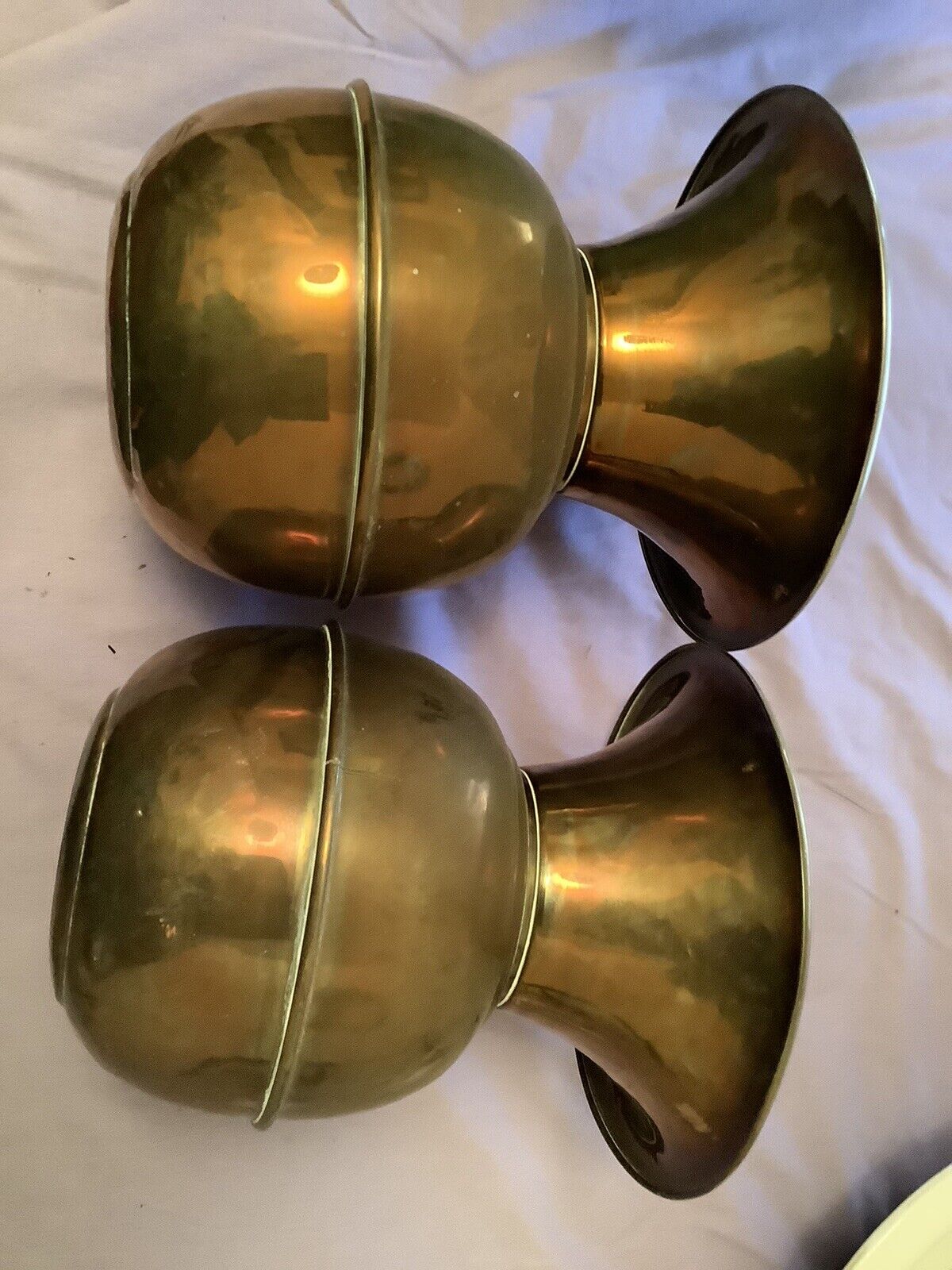 Two Antique Brass Spitoons One Marked New York In Original Patina Condition